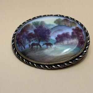 Antique Victorian Era Hand Painted Scenic Landscape Brooch 1.75”
